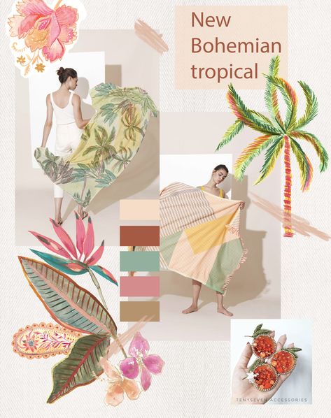 Beach Wear Mood Board, Bohemian Branding, Mood Board Fashion Inspiration, Tropical Accessories, Tulip Drawing, Book Dress, Fashion Illustration Tutorial, Tropical Fashion, Tangle Pattern