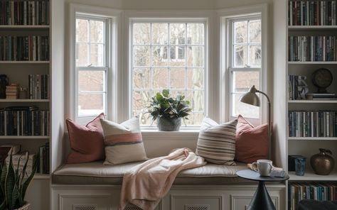 Cozy bay window decoration ideas!!💖💖💖 Style A Bay Window, Bay Window Window Seat, Styling A Bay Window, Bay Window In Bedroom, Cottage Bay Window, Small Bay Window Ideas, Cozy Bay Window, Small Bay Window, Window Decoration Ideas