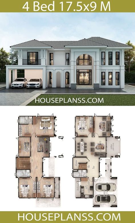 4 Bedrooms Home Design Plan Size 14x11m - Samphoas Plan 2 Storey House Design, House Plans Mansion, Two Story House, House Bloxburg, Bloxburg Room, 4 Bedroom House Plans, Modern Style House Plans, Sims House Plans, House Construction Plan