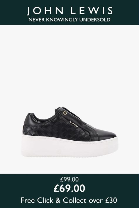 The Connected Laceless trainer from Carvela features a woven leather upper. The front is laceless with a gold-tone micro C stud at the back of the ankle.