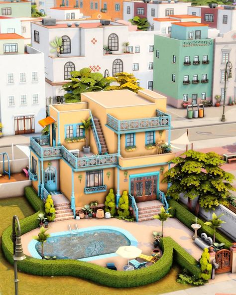 Casita del Amor || no CC #EAPartner Building with @thesims Lovestruck is so much fun! Move your singles in this new build in Ciudad Enamorada! Gallery ID: Create4sims #thesims4 #ts4 #sims4 #thesims Sims 4 Stories, Sims 4 Speed Build, Sims 4 House Plans, Sims 4 House Building, Sims 4 House Design, Sims Building, Sims House Design, Desert Homes, Spanish House