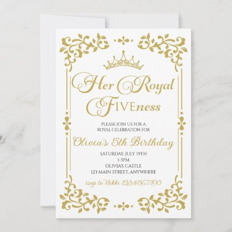 $2.98 | Her Royal Fiveness Gold Princess 5th Birthday - princess, gold, royal fiveness, crown, royal celebration, 5th birthday, girl, elegant, fancy Once Upon A Time Birthday Party Invitations, Once Upon A Time First Birthday Theme, Once Upon A Time Birthday Party, Royal Fiveness, 5th Birthday Invitation, Fairytale Ball, Royal Celebration, Fairytale Theme, 1st Birthday Girl Decorations