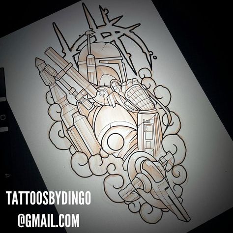 Star Wars Traditional Tattoo Design, Star Wars Cover Up Tattoo, Star Wars Tattoo Stencil, Boba Fett Tattoo, Tattoo Planning, Drum Tattoo, Tattoo Prints, Dibujos Ideas, Spiderman Tattoo