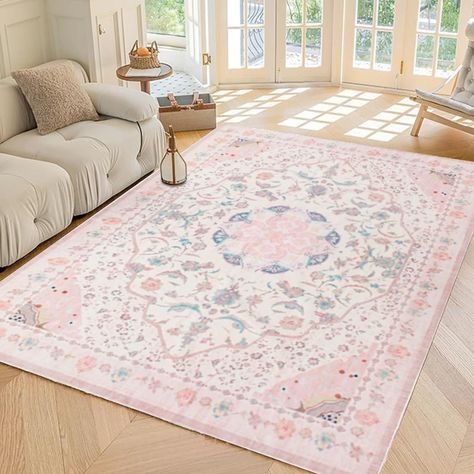 PRICES MAY VARY. [Accent Floral Area Rug] - This washable rug features floral medallion patterns to add vintage and accent appeal to your space. Pink rugs 5'x7' can be folded without leaving creases for easy storage. Soft and durable 5 by 7 area rugs can be used in high traffic areas of your home without blocking the door opening. [Premium Soft & Non-Slip Rugs] - This vintage rug adopts premium cashmere-like medium pile microfibers, soft but durable, great choice for your pink room decor aesthet College House, Pink Room Decor, College Room, Indoor Carpet, Rugs For Living Room, Pink Room, House Room, Machine Washable Rugs, Wool Carpet