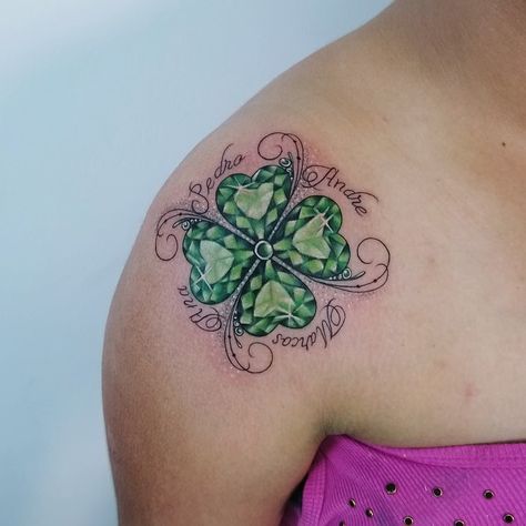 Four Leaf Clover • Children's Names Tattoo | Tattoo Ideas and Inspiration for Celtic Four Leaf Clover, Purple Shamrock Tattoo, Four Leaf Clover Tattoo Design, 4 Leaf Clover Tattoo For Women, Irish Clover Tattoo, 4 Leaf Clover Tattoo, Tattoos For Childrens Names, Mary Tattoos, Africa Tattoo