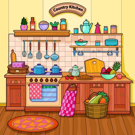 Cute Kitchen Drawing, Science Lab Decorations, Kitchen Cartoon, Kitchen Clipart, Kitchen Background, Kitchen Set Up, Kitchen Drawing, Anime Places, Number Art