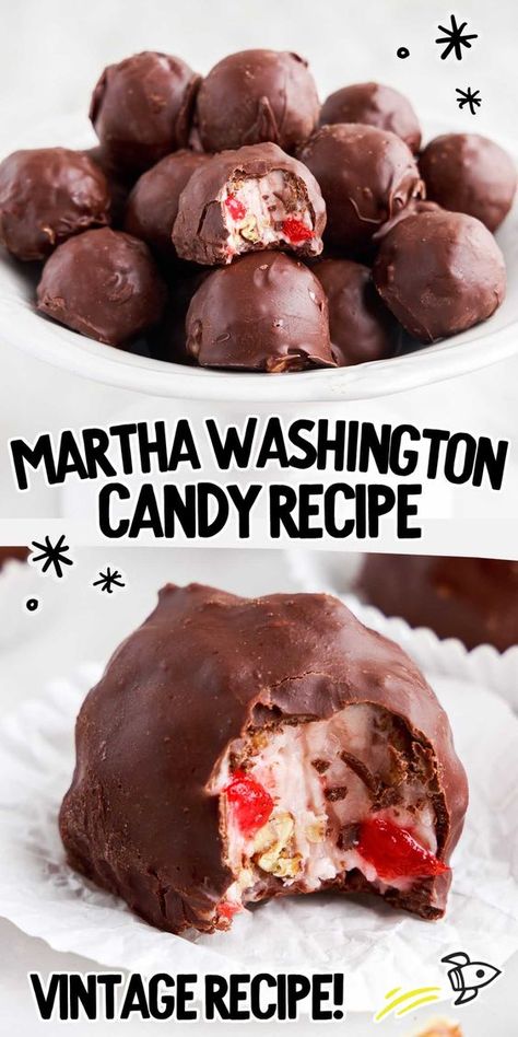 Office Party Snacks Easy, Martha Washington Candies, Chocolate Charlie Candy Recipe, Popular Bakery Treats, Martha Washington Balls Recipes, No Bake Chocolate Balls Recipes, Red Hots Candy Recipes, Easy Homemade Chocolates, Cherry Mashers Candy