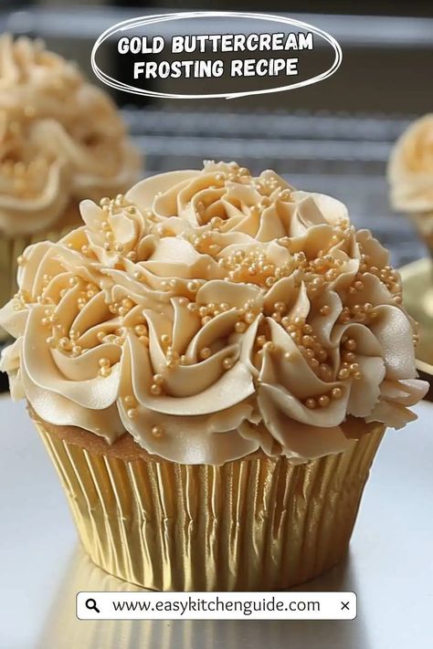 Make this delicious gold buttercream frosting by following these simple, easy-to-follow instructions. Perfect for your next cake or cupcake project! How To Make Gold Frosting Food Coloring, Golden Birthday Cupcake Ideas, 50 Anniversary Cupcakes, 70 Birthday Cupcakes, Gold Frosting How To Make, 50th Wedding Anniversary Cupcakes, Golden Birthday Cupcakes, Gold Buttercream Frosting, 50th Anniversary Cupcakes