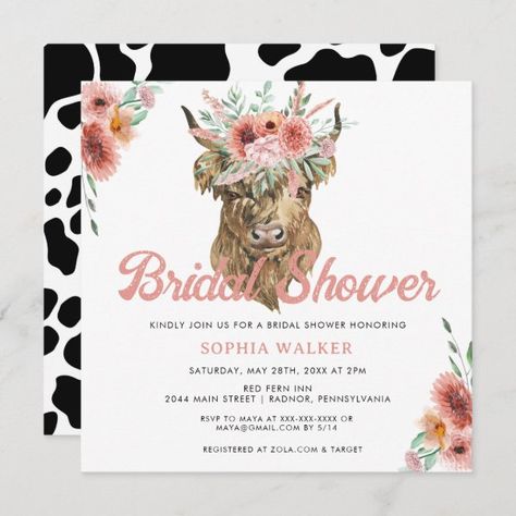 Boho Floral Cow Print Western Bridal Shower Invitation Highland Cow Bridal Shower Ideas, Cow Bridal Shower Ideas, Western Bridal Shower Ideas, Bridal Shower Spring, Western Bridal Showers, Katie Lynn, Country Pink, Boho Bridal Shower Invitations, Bridal Shower Cake Topper