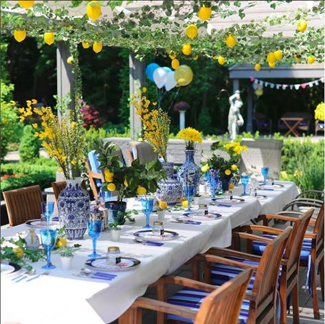 Lemon themed Bridal Shower. #bridalshower #tablescape #tablesetting #lemontheme #italianinspired #lemons #italy #wedding #lemontheme #summer Theme Bridal Shower Ideas, Mediterranean Theme, Italian Bridal Showers, Lemon Themed Party, Lemon Themed Bridal Shower, Outdoor Bridal Showers, Blue Bridal Shower, Bridal Shower Tables, Boda Mexicana