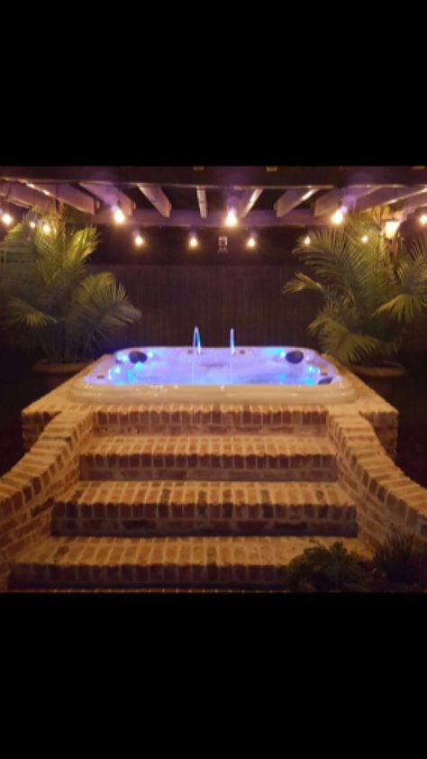 Jaimie Ray Masonry. Beautiful custom brick surround hot tub. Backyard paradise... Brick Hot Tub Surround, Brick Hot Tub, 2023 Landscape, Pool Landscaping Ideas, Heights House, Hot Tub Landscaping, Hot Tub Surround, Hot Tub Designs, Brick Steps