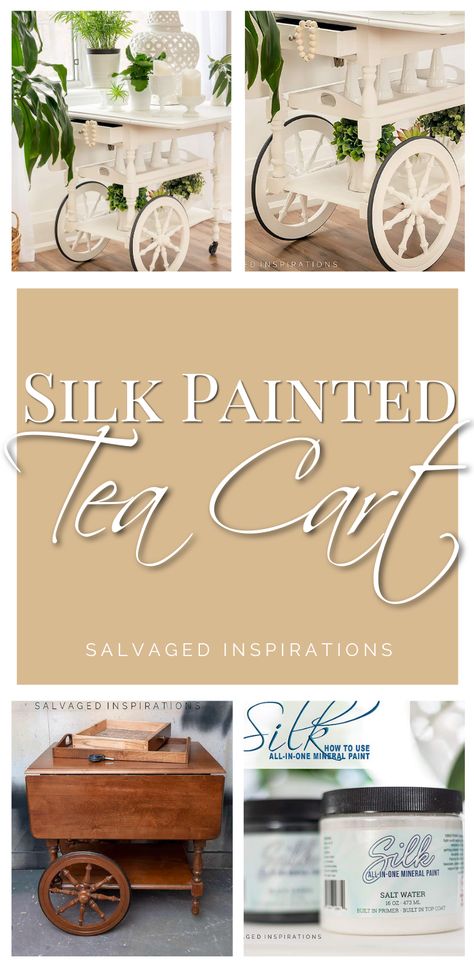 Silk Painted Tea Cart | Adorable Vintage Tea Cart Makeover| Salvaged Inspirations #siblog #salvagedinspirations #paintedfurniture #furniturepainting #DIYfurniture #furniturepaintingtutorials #howto #furnitureartist #furnitureflip #salvagedfurniture #furnituremakeover #beforeandafterfurnuture #paintedvintagefurniture #roadsiderescues #chalkpaint #chalkpaintedfurniture #diyprojects #diyfurnituremakeover #furniturerestoration #furnitureideas Teacarts Makeover, Painted Tea Carts, Tea Cart Ideas, Painted Tea Cart, Tea Cart Makeover, Antique Tea Cart, Vintage Tea Cart, Buffet Makeover, Salvaged Inspirations