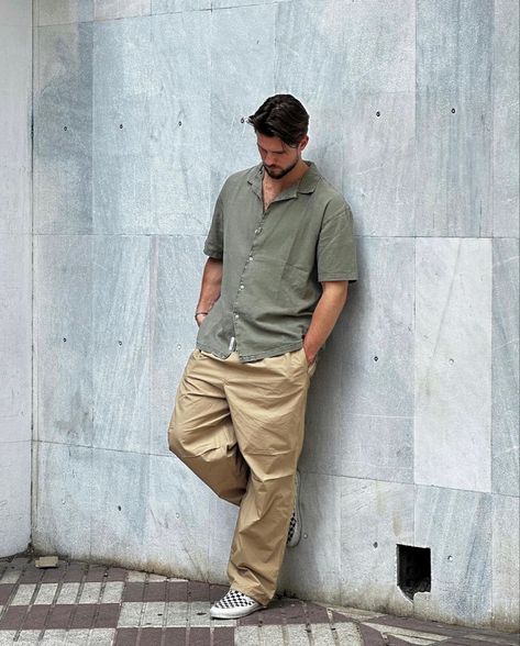 Men’s fashion, inspiration, outfit, style, green olive shirt, beige pants Beige And Olive Green Outfit, Olive Green Men Outfit, Olive Shirt Outfit Men, Olive Outfit Men, Olive Green Shirt Outfit Men, Olive Green Outfit Men, Olive Green Clothes, Olive Pants Men, Olive Green Shirt Outfit