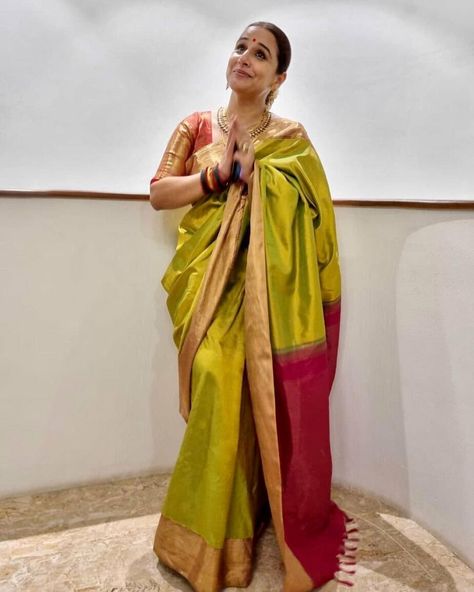 vidya balan in a lime green saree for diwali puja00 Neon Green Silk Saree, Green Kanchipuram Saree, Lime Green Saree, Saree For Diwali, Green Silk Saree, Diwali Puja, Silk Drapes, Vidya Balan, Latest Designer Sarees