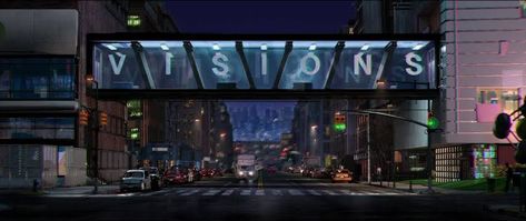 Visions academy bridge scene from Spider-Man into the spider-verse 2018 Sony Pictures Animation, Spider Man Into The Spider Verse, City Sketch, Miles Morales Spiderman, Into The Spider Verse, Across The Spider Verse, Facade Lighting, Movies Disney, Green Goblin