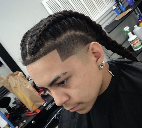 Spanish Braids Hairstyles Men, Braids For Men With Long Hair Mexican, Two Braids For Men, White Mens Braids Hairstyles, Cornrow Hairstyles For Men Fade, Horn Braids, Latino Braids, Mexican Braids Men, Two Braids Hairstyle Men