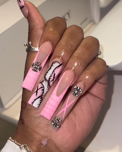 XL COFFIN NAILS 💅🏽 Nails Baddie Aesthetic, Pink Kaws Nails, Xl Coffin Nails, Kaws Nails, Pink Kaws, Extra Long Nails, Pink Coffin Nails, Nails Baddie, Pink Coffin