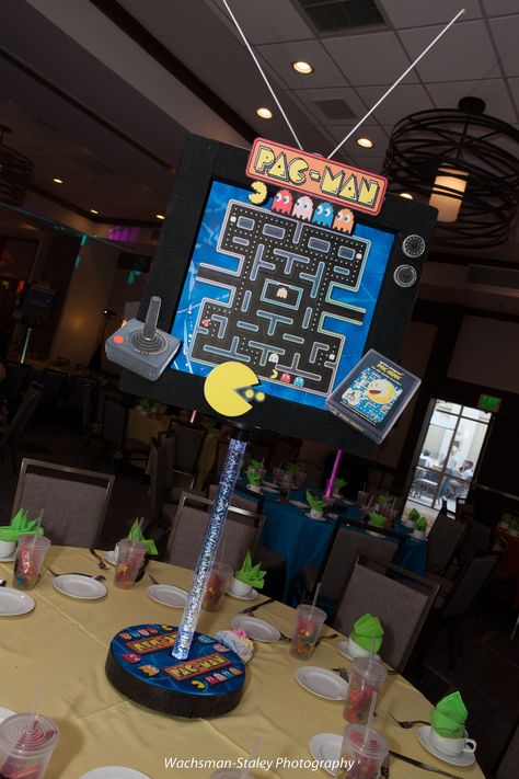 Centerpiece Party Ideas, Video Game Bar, Pac Man Party, Bar Mitzvah Centerpieces, Bar Mitzvah Themes, Bnai Mitzvah, Centerpiece Party, Mitzvah Decor, Bar Mitzvah Party