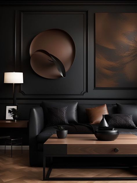 Black Wall Interior Design, Black And Bronze Living Room, Modern Moody Living Room, Masculine Lounge, Dark Living Room Decor, Dark Living Room, Moody Interior Design, Moody Living Room, Modern Apartment Living Room