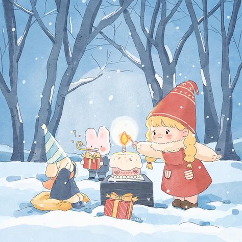 Christmas Cute Art, Winter Illust, Japan Winter, Storybook Art, Snow Art, Kawaii Christmas, Winter Illustration, Christmas Phone Wallpaper, Kawaii Illustration