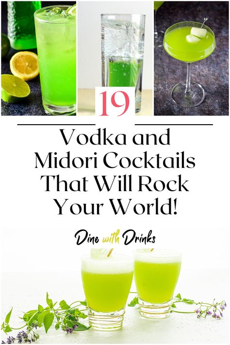 Collage of 4 vodka and midori cocktails. Cocktails With Midori, Midori Drinks Recipes, Midori Shots, Drinks With Midori, Midori Cocktails Recipes, Midori Recipes, Bartender Ideas, Midori Sour Recipe, Japanese Vodka