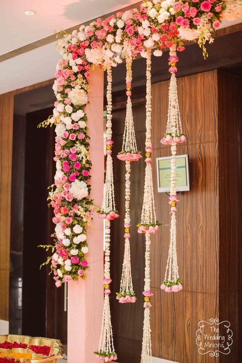 Wedding Bells (Album) Hanging Floral Decor, Home Flower Decor, Pink Wedding Decorations, Wedding Hall Decorations, Housewarming Decorations, Wedding Entrance Decor, Mandap Decor, Marriage Decoration, Desi Wedding Decor