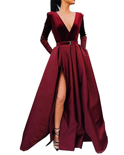 Long Gown Elegant, Women Long Gown, Long Sleeve Ball Gowns, Satin Ball Gown, Long Prom Gowns, Long Sleeve Gown, Party Dress Long Sleeve, Split Maxi Dress, Satin Prom Dress