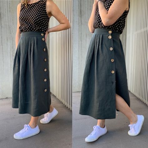 Elastic Waist Wrap Skirt, Button Skirt Pattern, Linen Skirt Pattern, Pocket Skirt Pattern, Mode Kimono, Skirt Pockets, Button Skirt, Kleidung Diy, Skirt Patterns Sewing