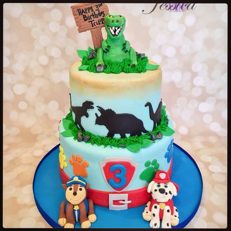 Dinosaurs and paw patrol cake Rodjendanske Torte, Paw Patrol Birthday Cake, Dino Cake, Dinosaur Birthday Cakes, Dino Birthday Party, Paw Patrol Cake, Dinosaur Theme Party, Dinosaur Cake, Paw Patrol Party