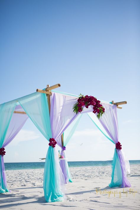 Purple Orchids, Lavender and Aqua-Blue Fabric Lavender Beach Wedding Ideas, Lavender And Turquoise Wedding, Purple Turquoise Wedding, Beach Wedding Purple, Affordable Destination Wedding, Wedding Mint, Wedding Lavender, Purple And Gold Wedding, Dream Beach Wedding