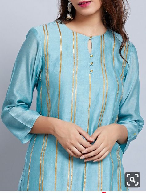 Gota Patti lace Dress Front Neck Designs, Front Neck Designs, Panjabi Dress, Silk Kurti Designs, Indian Kurti Designs, Kurti Embroidery, Indian Kurti, Kurta Cotton, Funky Dresses