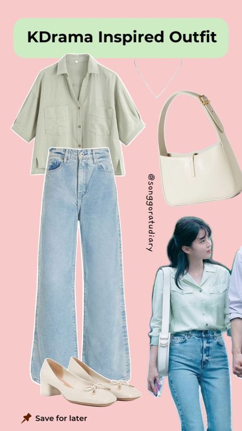 Han So Hee Nevertheless, College Jeans, Nevertheless Kdrama, College Ootd, Shirt Ootd, Blue Wide Leg Jeans, Kdrama Outfits, Bag And Shoes, Outfit College