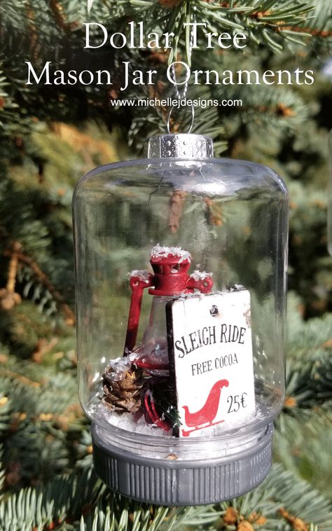 Dollar Tree Mason Jar Ornaments | Michelle James Designs Mason Jar Ornaments, Jar Ornaments, Christmas Feels, Dollar Tree Christmas Decor, Mini Mason Jars, Dollar Store Christmas, Dollar Tree Christmas, Christmas Jars, Dollar Tree Diy Crafts