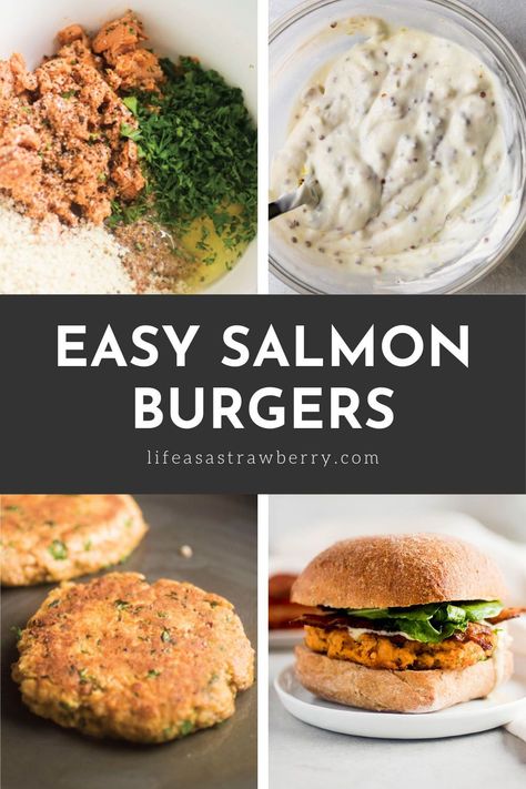 Simple Salmon Burgers with Bacon and Arugula | These easy (and sustainable!) homemade salmon patties make rich, flavorful burgers that the whole family will love. Build your salmon burger as directed or use the salmon cakes as a standalone dish for a healthy low-carb option! Patties made with easy canned salmon, topped with crispy bacon, fresh arugula, and a tasty Poblano Ranch sauce. Ready in under an hour and great baked or grilled. Salmon Burgers With Fresh Salmon, Homemade Salmon Patties, Grilled Salmon Burgers, Canned Salmon Patties, Salmon Burger Recipe, Quick Salmon, Salmon Burger, Ranch Sauce, Pesto Salmon