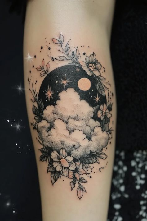 cloud 56 Night Cloud Tattoo, Clouds Tattoo Sleeve, Moon Tattoo With Clouds, Moon Clouds And Stars Tattoo, Moon And Clouds Tattoo Design, Night Sky Tattoo Starry, Moon And Clouds Tattoo, Storm Cloud Tattoo, Cloud Tattoo Ideas