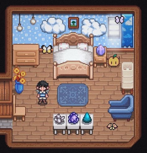 1/3: Made a simple yet cute bedroom for a little angel farmer 💙👼 Mods used: grapeponta's Vanilla Interiors, Elle's Town Animals, Expressive Elf Ears, SH's Animal Stuff for Fashion Sense. Vanilla Stardew Valley, Stardew Valley Farm Layout Vanilla, Stardew Valley Vanilla Farm, Stardew Valley Bedroom Layout, Stardew Valley House Interior Ideas Cute, Stardew Valley Home Interior No Mods, Stardew Valley House Interior Vanilla, Stardew Valley Vanilla, Stardew House Interior No Mods