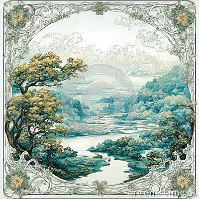 Art Nouveau Landscape Illustration, Art Nouveau Landscape, Hills Landscape, Background Landscape, Space Text, Vintage Background, Decorative Frame, Landscape Illustration, Cityscape