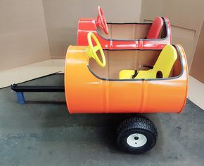 55 gallon double barrel car I just completed. Great colors. Trackless Train, Barrel Train, Kids Play Equipment, Kids Wagon, Kids Backyard Playground, Wood Train, Barrel Projects, Trains For Sale, Horseshoe Projects