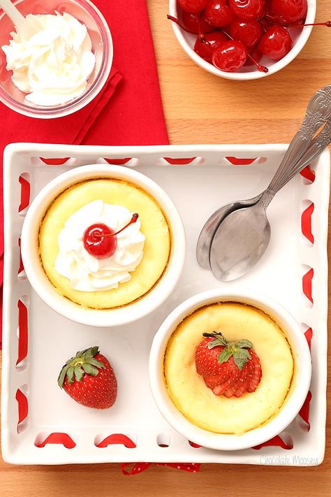 Baked Cheesecake For Two In Ramekins - Homemade In The Kitchen Cheesecake For Two, Ramekin Dessert, Ramekin Recipe, Chocolate Cheesecake Recipe, Homemade Strawberry Sauce, Valentine Couple, Mini Cheesecake Recipes, Cheesecake Recipes Classic, Chocolate Cheesecake Recipes