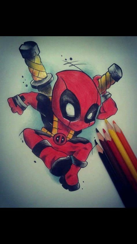 Baby Deadpool Tattoo, Baby Deadpool, Deadpool Tattoo, Zombie Tattoos, Deadpool Art, Sticker Tattoo, Tattoo Trend, Marvel Tattoos, Dead Pool