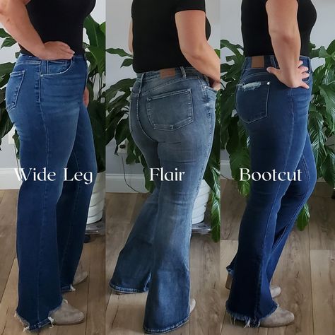 Flare vs. Bootcut vs. Wide Leg Jeans—What’s the Difference? 👖✨ With so many denim styles, it can be tough to choose the right fit! Let’s break down the key differences between flare, bootcut, and wide leg jeans to help you find your perfect pair. 👖 Flare Jeans: Fit: Snug through the waist, hips, and thighs, then dramatically flare out from the knee. Vibe: Retro, statement-making, and bold. Style Tip: Perfect with platforms or heeled boots to show off that dramatic flare! 👖 Bootcut Jeans: Fi... Bootcut Vs Flare Jeans, Flare Jeans Fit, Risen Jeans, Denim Chic, Bold Style, The Boutique, Trendy Accessories, Fall 2024, New Wardrobe