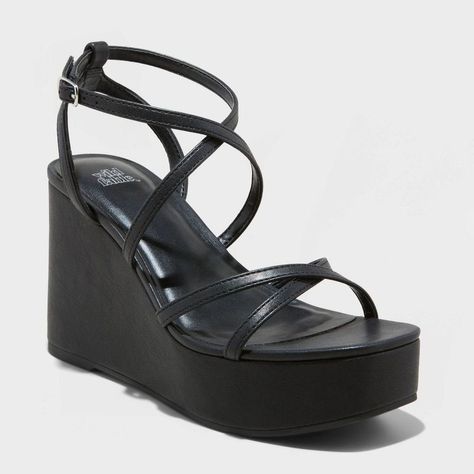 Strappy Platform Wedge Heels Open Toe Memory Foam Insole Ankle Straps Buckle Closure 4in Platform Heel Platform Wedge Heels From Wild Fable With An Open Toe, Strappy Design. Features A Memory Foam Insole For Comfortable Wear. Ankle Strap With Buckle Closure Provides A Snug Fit.Wild Fable: A Look For Every Story. Sizing: Womens Construction: Ankle Strap, Memory Foam Insole Footwear Insole Material: 80% Polyurethane Features: Buckle Care And Cleaning: Brush Away Surface Dirt Footwear Lining Materi Strappy Wedge Heels, Black Platform Wedges, Platform Wedge Heels, High Heel Wedges, Strappy Wedges, Black Wedge, Black Wedge Sandals, Rubber Shoes, Black Sandals Heels