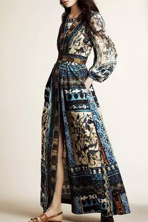 Abstract Print V Neck Long Sleeve Maxi Dress Resort 2016 Fashion, Maxi Dress Online, Simple Fashion, Alberta Ferretti, Mode Inspo, Vogue Fashion, 2016 Fashion, Bohemian Dress, Fashion Mode