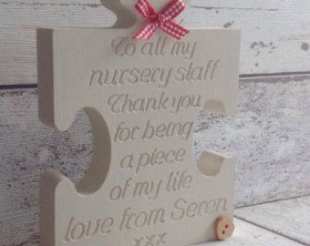 Personalised Teacher gift . Freestanding jigsaw piece engraved. Engraved Crafts, Staff Gift Ideas, Personalised Teacher Gifts, Message Of Thanks, Teacher Presents, Nursery Gifts, Handmade Teacher Gifts, Jigsaw Piece, Reusable Hand Warmers