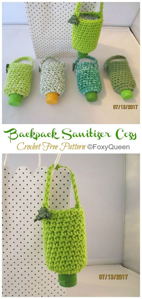 Hand Sanitizer Cozy Crochet Free Patterns - Crochet & Knitting Scrap Yarn Crochet, Crochet Free Patterns, Sanitizer Holder, Crocheted Bags, Crochet Cozy, Scrap Yarn, Crochet Knit Stitches, Quick Crochet Patterns, Cozy Crochet