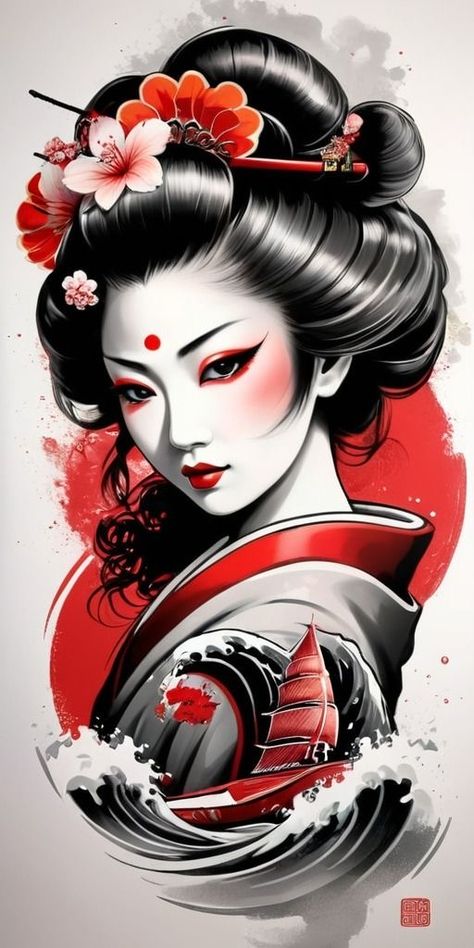 Geisha Tattoo Design Colored, Japanese Tattoo Designs Geisha, Japanese Geisha Tattoo Design, Japanese Tattoo Designs Ideas, Japanese Tattoo Art Geisha, Japanese Tattoo Geisha, Geisha Artwork Japanese Art, Geisha Tattoo Design Ideas, Asian Tattoos For Women