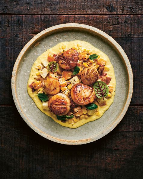 Seared Scallops with Vancouver Island Root Succotash and Corn Purée Scallop Succotash, Scallops Corn, Scallops With Corn, Corn Puree, Summer Succotash, Celery Root Puree, Corn Succotash, Scalloped Corn, Comox Valley