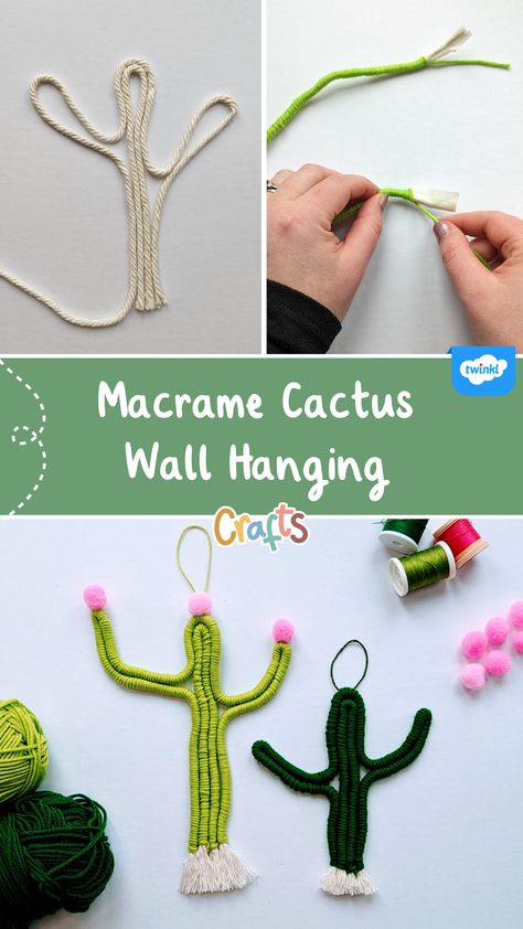 Get wrapped up in our new macrame craft project: a Cactus Wall Hanging. Use cord, green yarn and pink pom-poms to make your own cute cactus decoration. Hanging Cactus, Macrame Crafts, Pink Pom Poms, Green Yarn, Cactus Wall, Cute Cactus, Wall Hanging Macrame, Cactus Decor, Wall Hanging Crafts