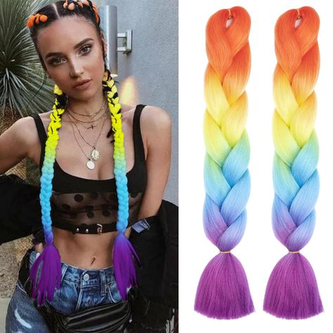 PRICES MAY VARY. 💓【Jumbo Braiding Hair Braid】: Suitable for braiding, Lenth:24 Inch, 2Pcs/Packs. Color: Colored Rainbow. Bright Hair Color, Natural Texture, you can wear such colorful braided hair at Rainbow LGBT Gay Pride Festival, it will make you more proud, personality, and make you have a special, enjoyable experience. 💓【Material】: Braiding Hair is made with high quality synthetic fiber, Natural looking and soft touch as human hair. You can DIY various new look with the Crochet Ombre Brai Pre Stretched Braiding Hair, Hair Rainbow, Rainbow Braids, 4 Braids, Jumbo Braiding Hair, Pride Festival, Braiding Hair Extensions, Festival Inspo, Hair Twist