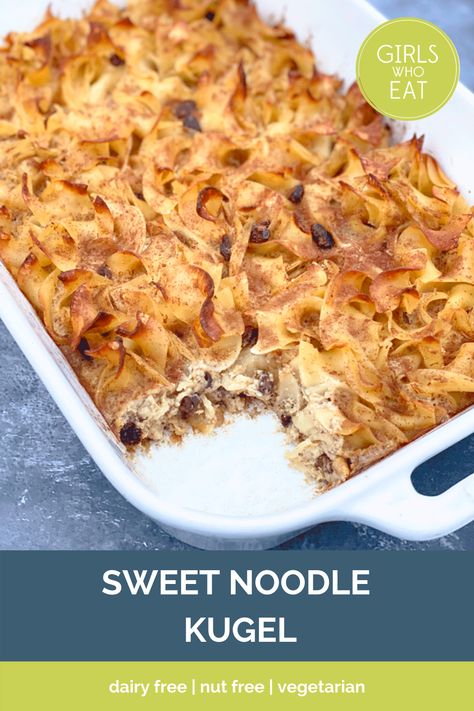 Sweet kugel has always been a staple of any Jewish holiday and for good reason – it’s the best comfort food. It’s delicious and egg noodle-y with tons of cinnamon and lightly sweetened with maple syrup. This recipe is dairy free and fluffy from the eggs and homemade applesauce. Dairy free, nut free, vegetarian. Dairy Free Noodle Kugel, Dairy Free Kugel, Sweet Noodle Kugel, Noodle Kugel Recipe, Clean Eating Side Dishes, Clean Eating Vegetarian Recipes, Clean Eating Vegetarian, Fast Desserts, Jewish Food